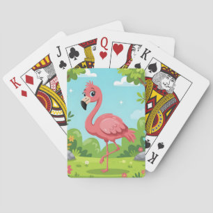 Cute bright pink flamingo in garden playing cards