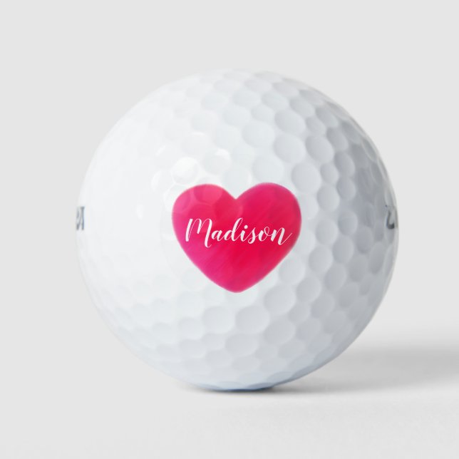 Cute Bright Pink Heart Personalized  Golf Balls (Front)