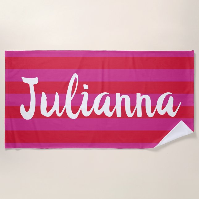 Cute Bright Pink Red Wide Stripes Personalized Beach Towel (Front)