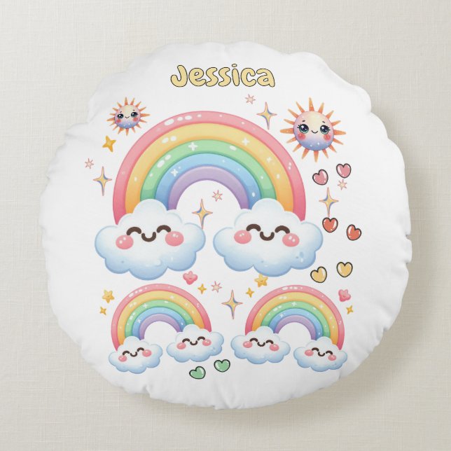 Cute Bright Rainbow Clouds Round Pillow (Front)