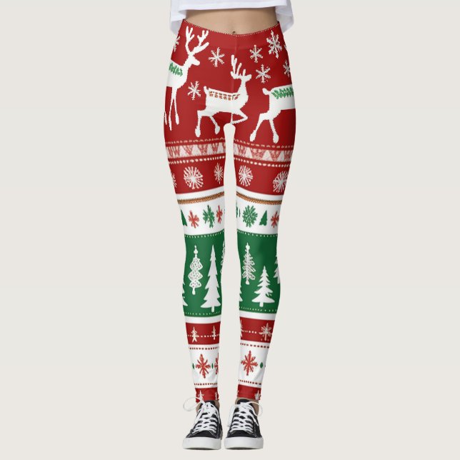Cute Bright Red Green Christmas Sweater Pattern Leggings (Front)