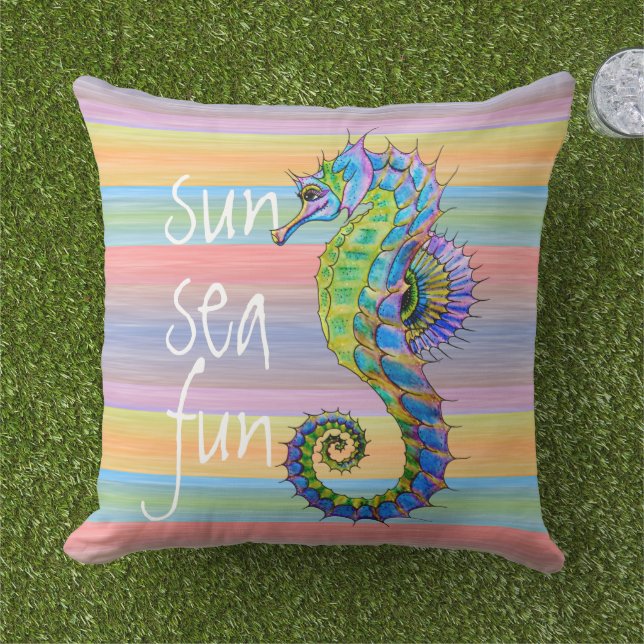 Cute Bright Summer Colours Artsy Seahorse Outdoor Pillow (Grass)