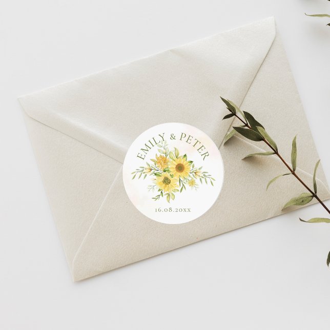 Cute Bright Yellow Sunflower Floral Wedding Classic Round Sticker (Cute Bright Yellow Sunflower Floral Wedding Classic Round Sticker)