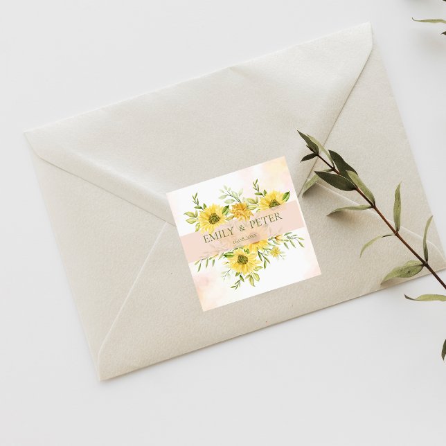 Cute Bright Yellow Sunflower Floral Wedding Square Sticker (Cute Bright Yellow Sunflower Floral Wedding Square Sticker)