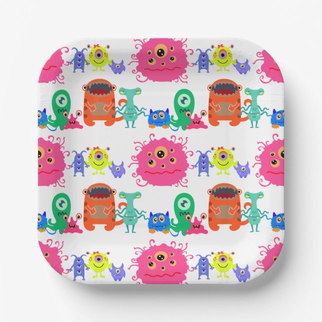 Cute Brightly Coloured Monster Paper Plate (Front)