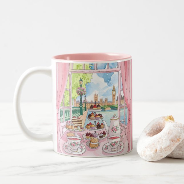 Cute British Cakes & Tea - United Kingdom London Two-Tone Coffee Mug (With Donut)