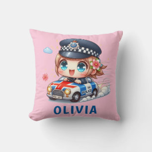 Cute British Police Girl Driving Police Car Throw Pillow