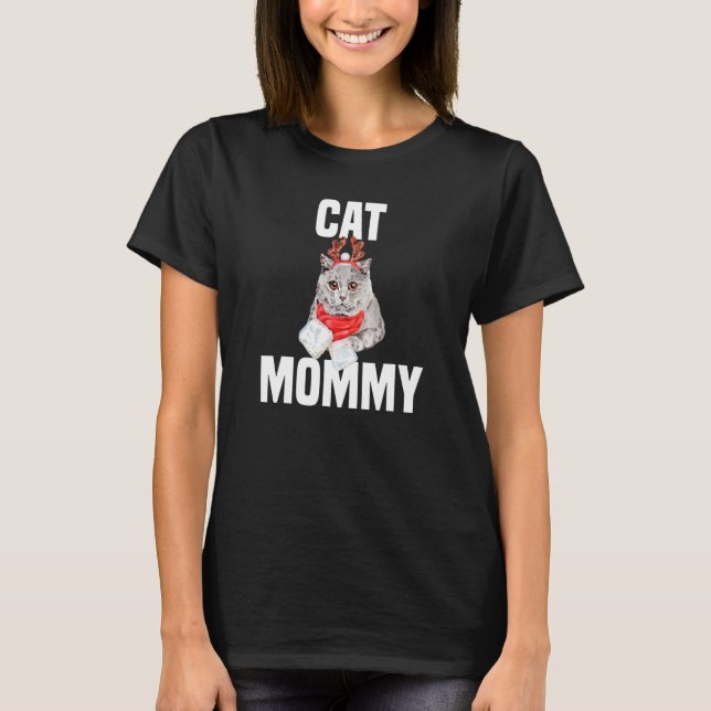 Cute British Short Haired Cat with Reindeer Costum T-Shirt (Front)