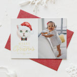 Cute British Shorthair Cat Santa Photo Christmas Foil Holiday Card<br><div class="desc">Merry Christmas! Send Christmas wishes to family and friends with a cat-themed Christmas flat card. It features a watercolor illustration of a cute white British shorthair cat with a Santa hat and tartan bow tie. Personalize by adding a photo, name and other details. This gold foil Christmas photo card is...</div>