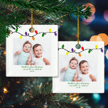 Cute Brother's First Christmas Lights Photo Ceramic Ornament<br><div class="desc">Colorful Brother's First Christmas Lights 2 Photos Ceramic Ornament is the perfect take on Baby's First Christmas! Cute, Modern yet Rustic Christmas Holiday Photo Square Ornaments featuring a colorful string of Christmas bulbs in festive red, green, yellow, and gold! Add 2 of your favorite photos for the perfect ornament! Please...</div>