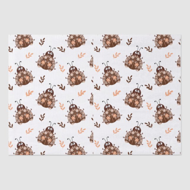Cute Brown and Beige Ladybug and Flower Pattern Tissue Paper (Front)