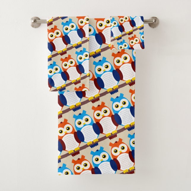 Cute Brown and Blue Owls on Branches Bath Towel Set (Insitu)