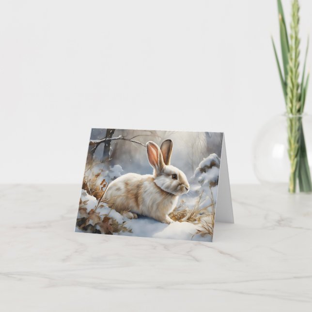 Cute Brown and White Bunny Rabbit in Snow Blank Card (Front)
