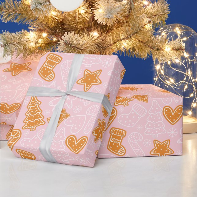 Cute Brown and White Cookie Pink Christmas Wrapping Paper (Holidays)