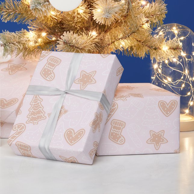 Cute Brown and White Cookie Pink Christmas Wrapping Paper (Holidays)