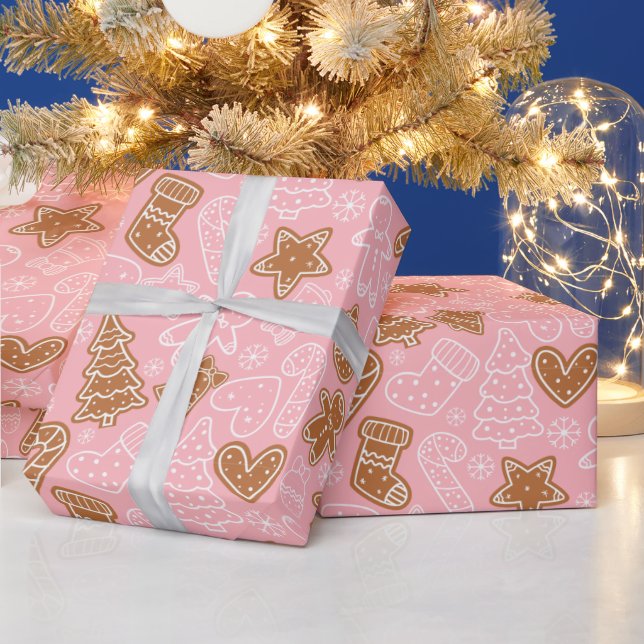 Cute Brown and White Cookie Pink Christmas Wrapping Paper (Holidays)