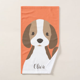 Cute brown and white dog portrait bath towel set