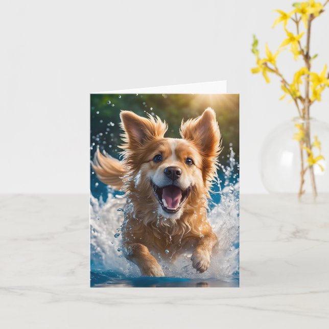 Cute Brown and White Dog Splashing in Water Blank Card (Yellow Flower)