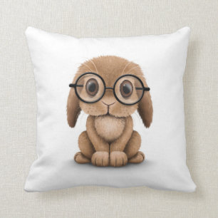 Cute Brown Baby Bunny Wearing Glasses on White Throw Pillow