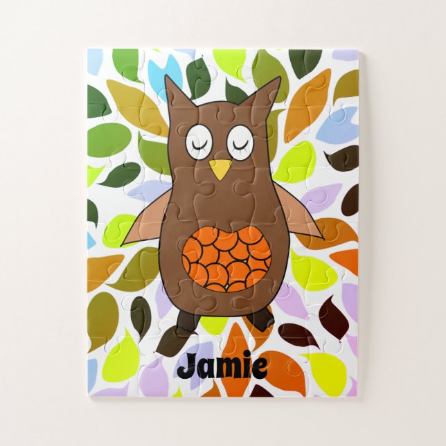 Cute Brown Baby Owl Bright Kids Name Jigsaw Puzzle (Vertical)