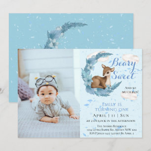 Cute Brown Bambi Flowers Clouds 1st Birthday Party Invitation