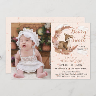 Cute Brown Bambi Flowers Clouds 1st Birthday Party Invitation