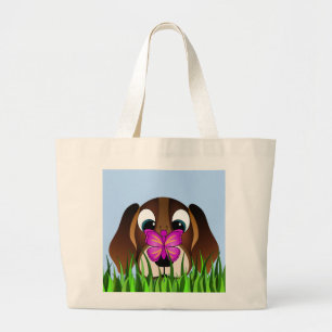 Cute Brown Beagle Puppy Dog and Butterfly Large Tote Bag