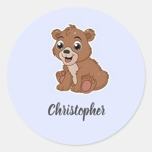 Cute brown bear blue classic round sticker (Front)