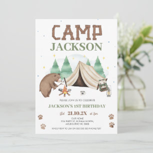 Cute Brown Bear Camp Themed 1st Birthday Invitation