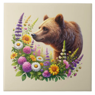 Cute brown bear country cabin lake house tile