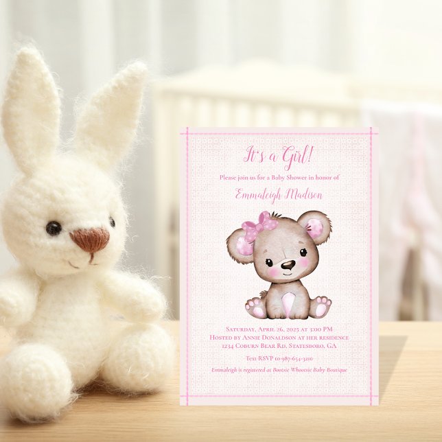 Cute Brown Bear For Girl Baby Shower Invitation (Creator Uploaded)