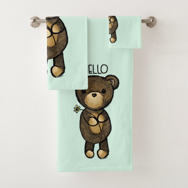 Cute Brown Bear Holding a Yellow Flower Bath Towel Set (Insitu)