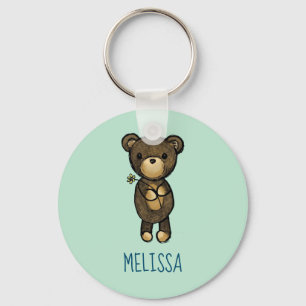 Cute Brown Bear Holding a Yellow Flower Custom Keychain