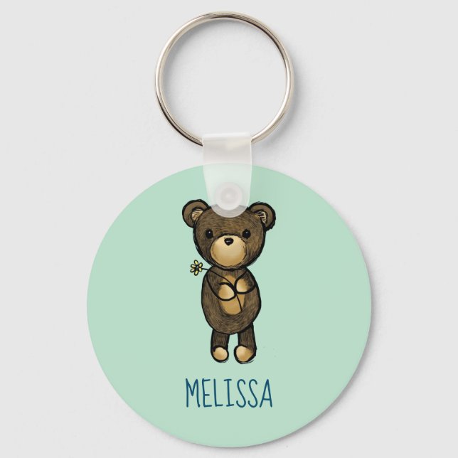 Cute Brown Bear Holding a Yellow Flower Custom Keychain (Front)