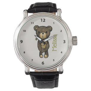 Cute brown Bear holding a Yellow Flower Custom Watch
