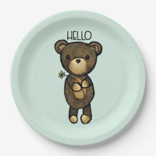 Cute Brown Bear Holding a Yellow Flower Paper Plate