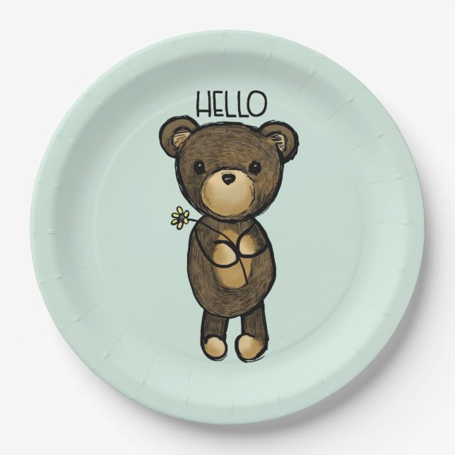 Cute Brown Bear Holding a Yellow Flower Paper Plate (Front)