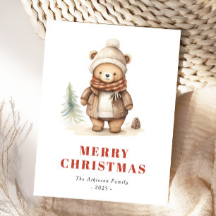Cute Brown Bear Merry Christmas Holiday Postcard