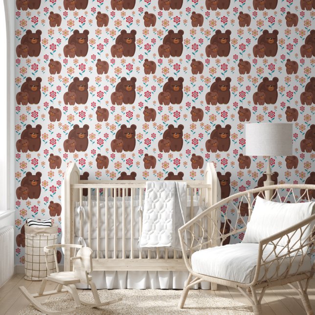 Cute brown bear mother and baby, flowers pattern wallpaper (Kids)