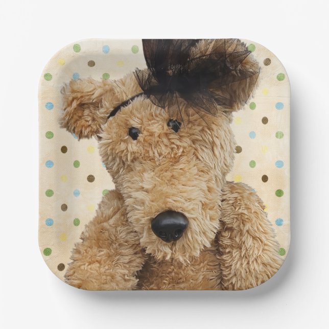 Cute Brown Bear On Polka Dots Paper Plate (Front)