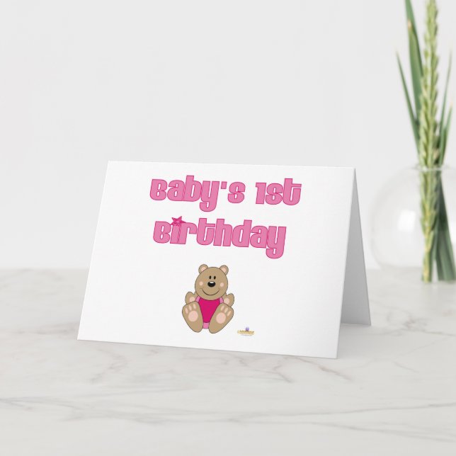 Cute Brown Bear Pink Bib Baby's 1st Birthday Card (Front)
