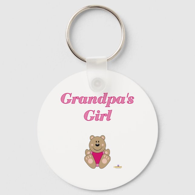 Cute Brown Bear Pink Bib Grandpa's Girl Keychain (Front)