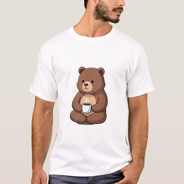 Cute Brown Bear Sitting with a Steaming Coffee Mug T-Shirt (Front)