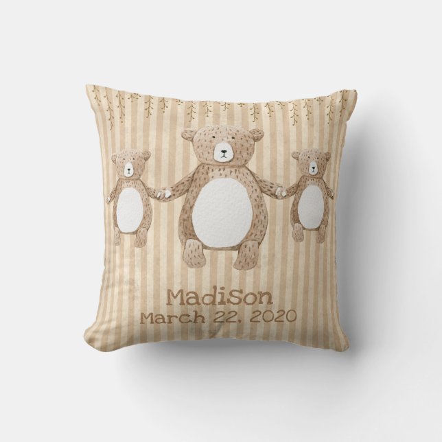 Cute Brown Bear Stripe Name Rustic Throw Pillow (Front)