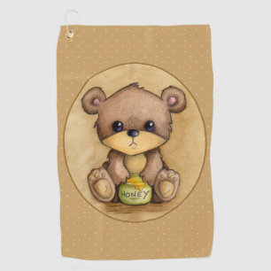 Cute Brown Bear With A Honey Pot Golf Towel