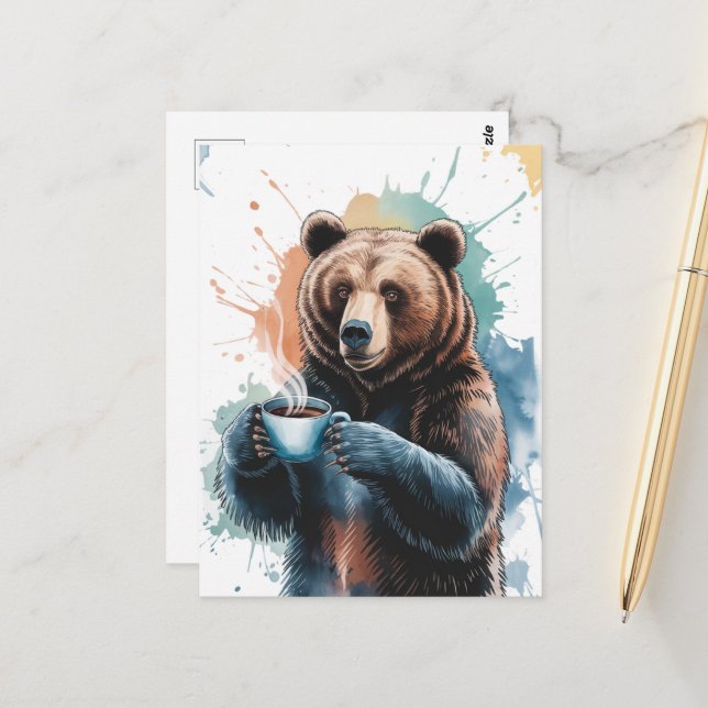 Cute Brown Bear With Coffee Watercolor Postcard (Front/Back In Situ)