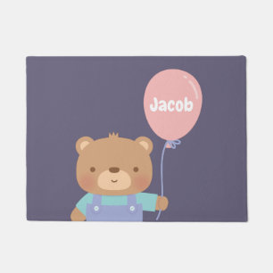 Cute Brown Bear With Pink Balloon Name Doormat