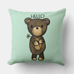 Cute Brown Bear with Yellow Flower Hello Throw Pillow