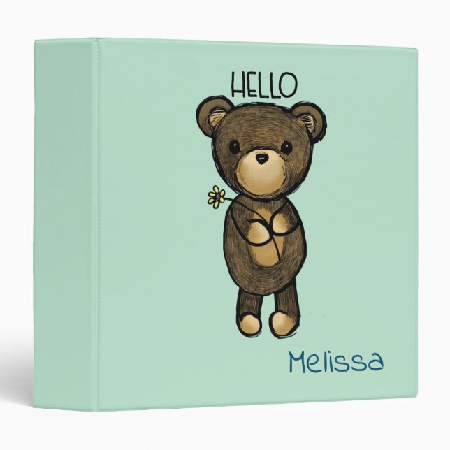 Cute Brown Bear with Yellow Flower Personalized Binder (Front/Spine)
