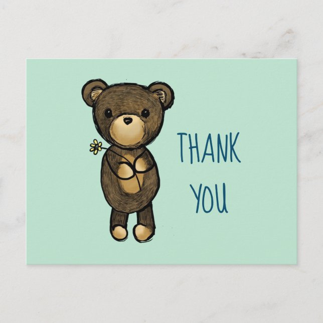 Cute Brown Bear with Yellow Flower Thank You Postcard (Front)